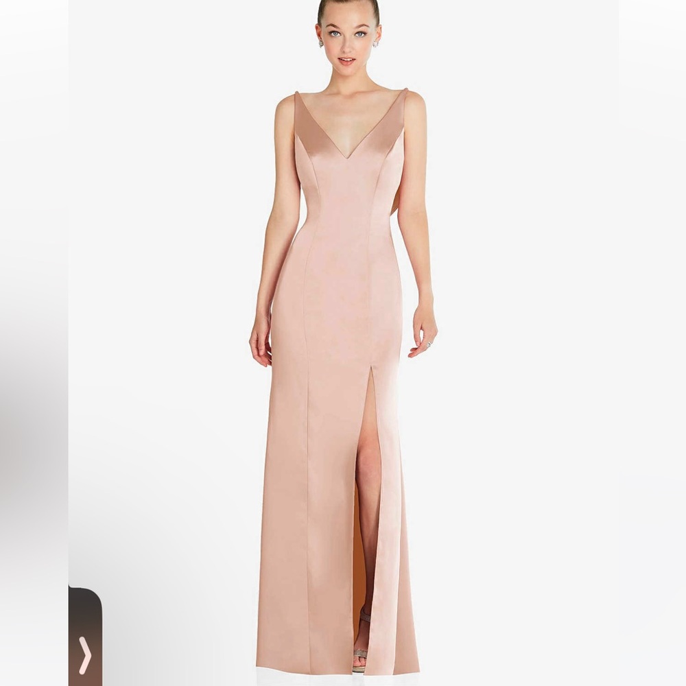 After Six DRAPED COWL-BACK PRINCESS LINE DRESS WITH FRONT SLIT IN CAMEO